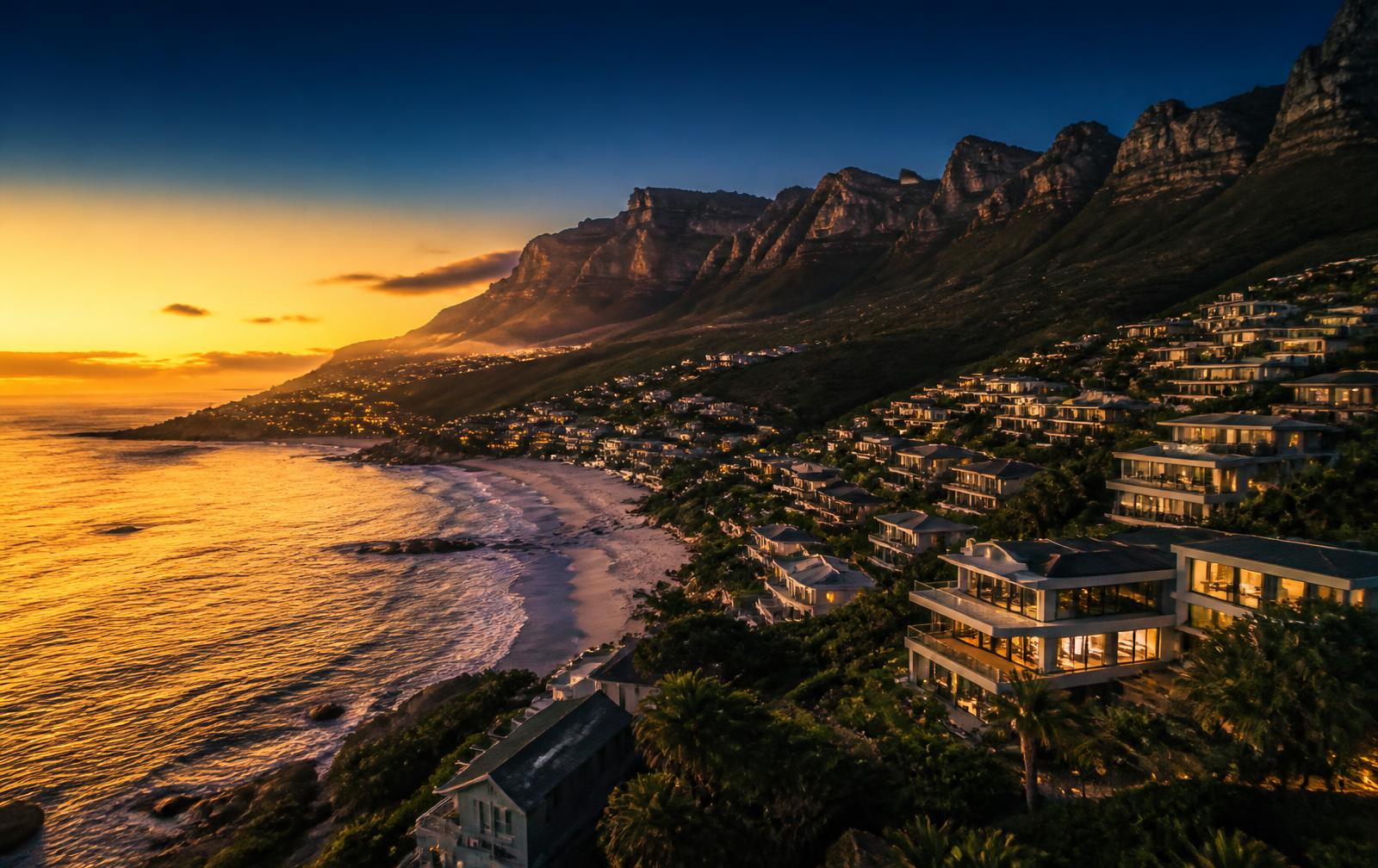 Aerial view of Cape Town's Atlantic Seaboard at sunset